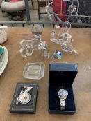Collection of lead crystal figurines and objects and two watches.