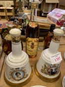 Two Wade Whisky decanters, bottle of Dimple Scotch whisky and 2 other bottles