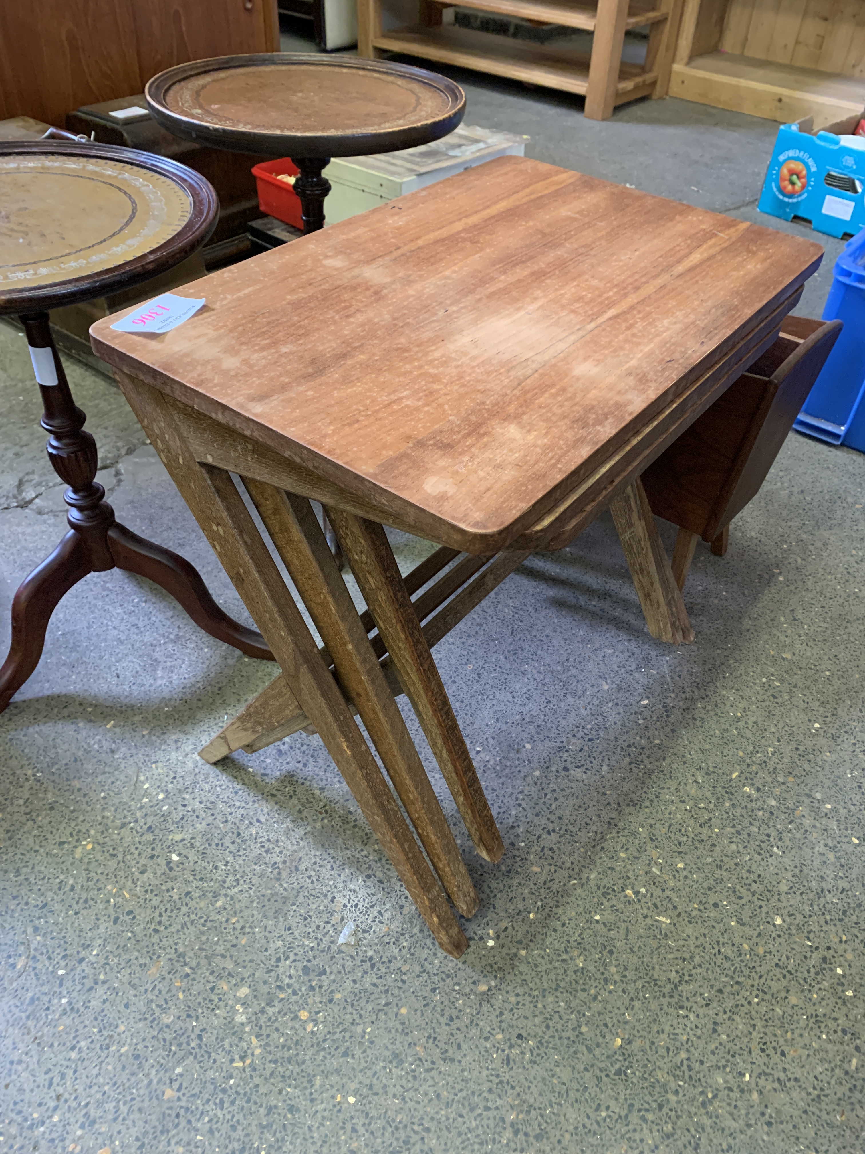 Teak nest of three tables, two mahogany wine tables, magazine rack, and chequerboard top table - Image 5 of 5