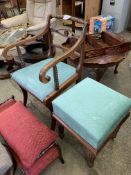 Regency style open armchair, mahogany stool, and 3 other footstools
