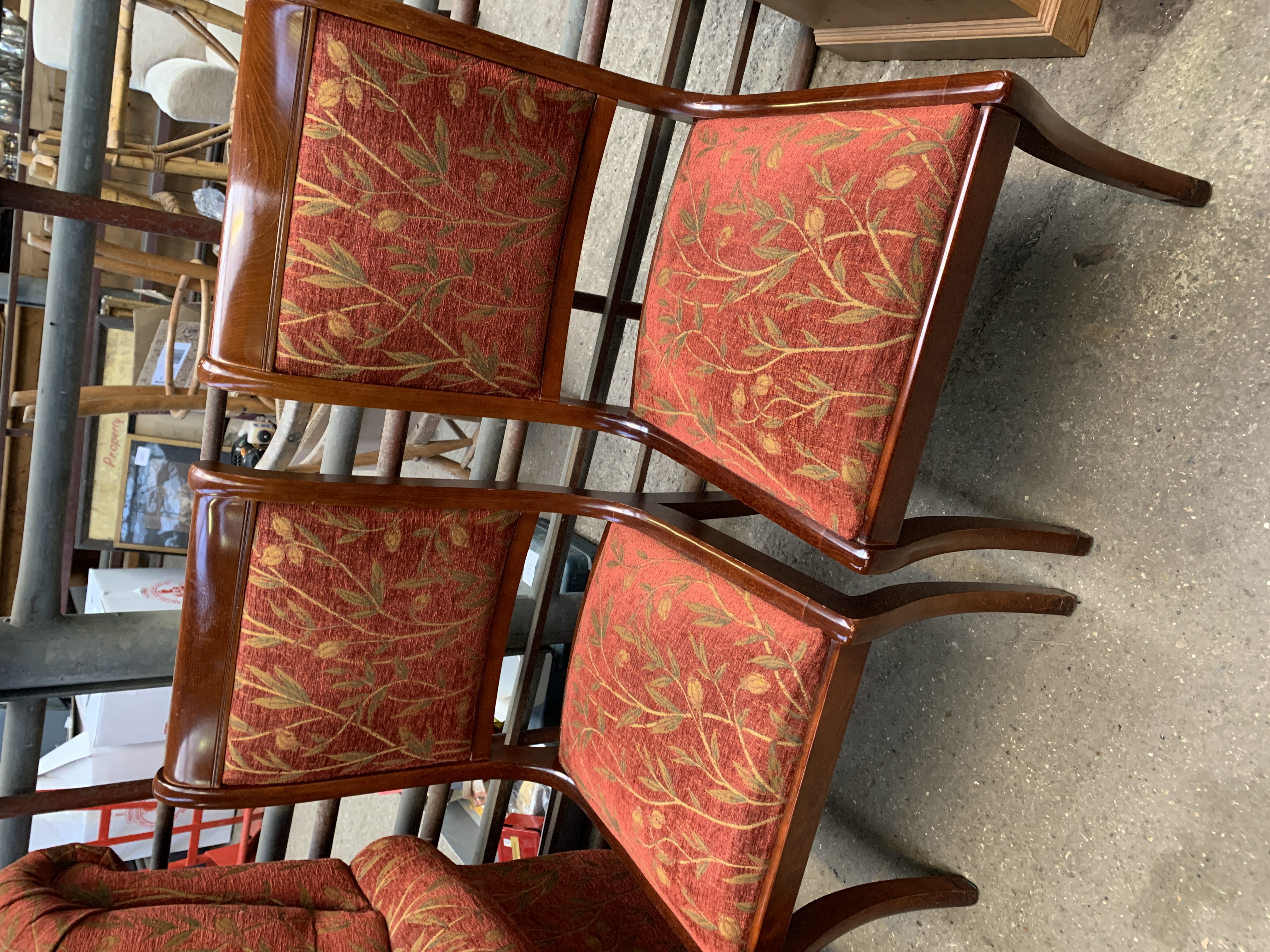 Pair of dining chairs with sabre legs upholstered in dark red and gold floral design. - Image 3 of 3