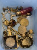 Silver topped smelling salts bottle and various other items