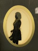 Three framed and glazed silhouettes in oil, and three framed miniature portraits of young ladies