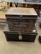 Large NAAFI tea box, and a black metal document box labelled War Office Arbitrations,