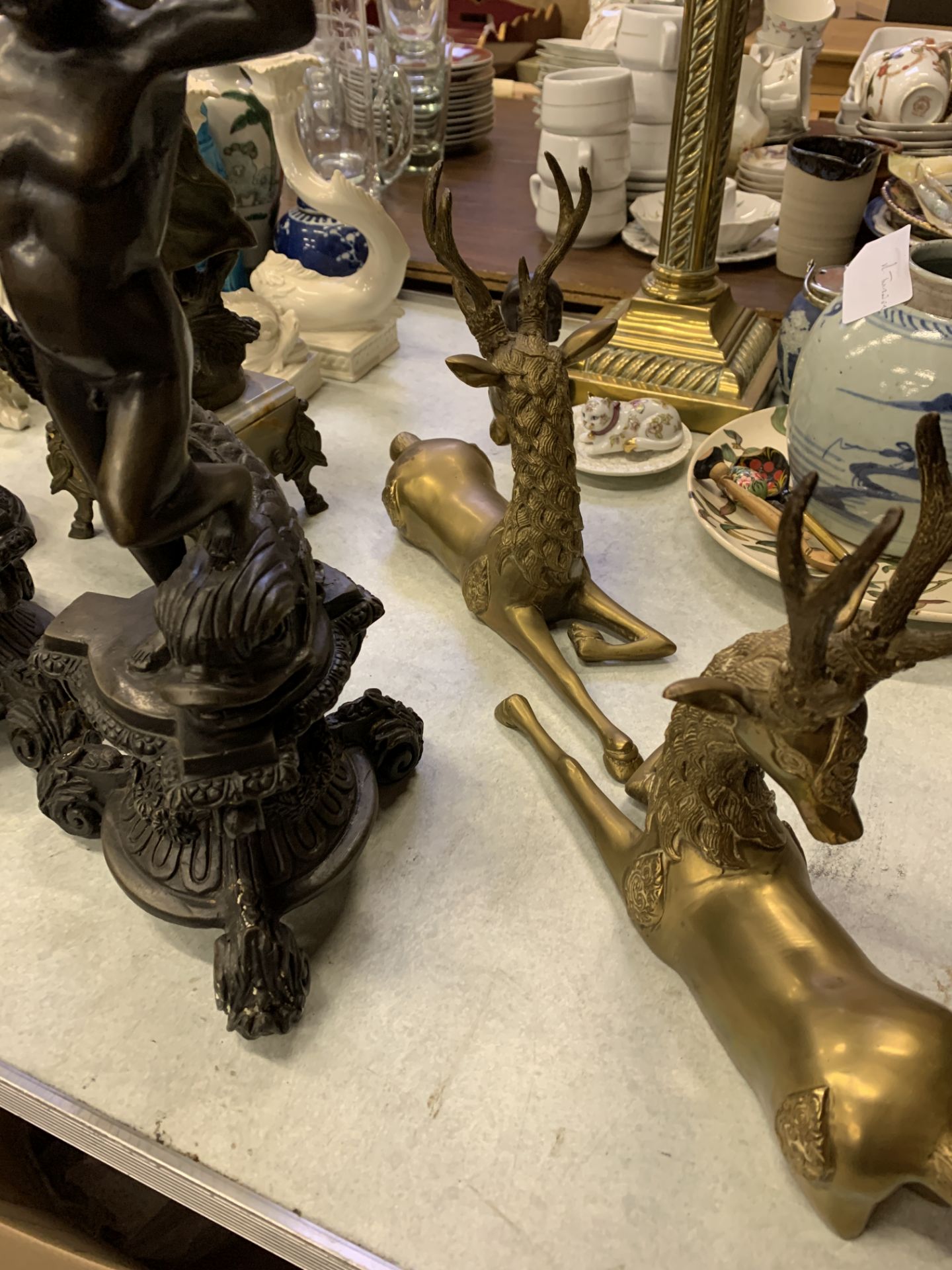 Pair of spelter candlesticks, figurine "La Maison" par Aug. Moreau, pair of brass stag centrepieces - Image 3 of 3