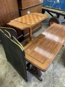 Mahogany lyre-end coffee table, chequerboard table, and spark guard