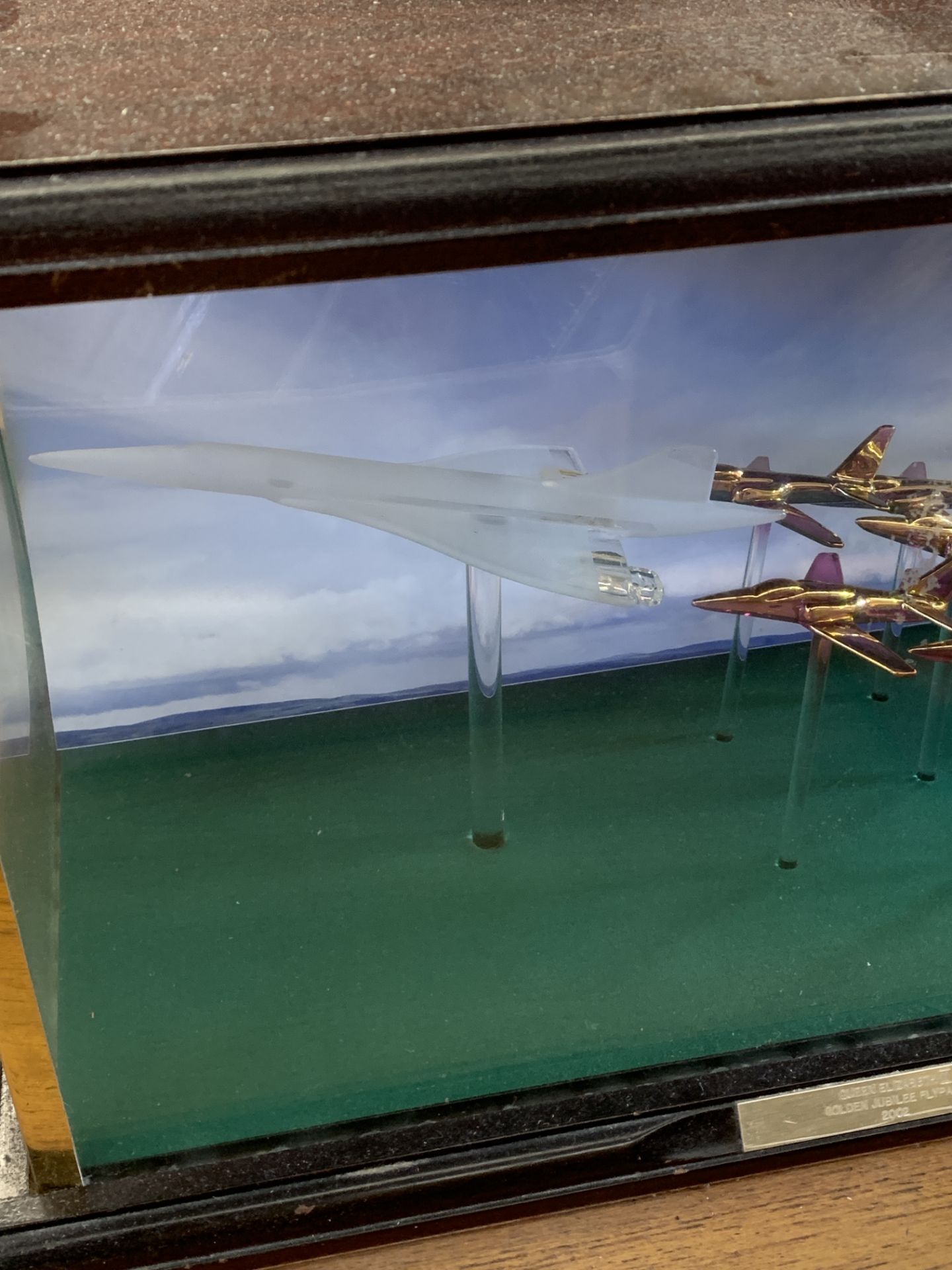 Mahogany display case containing a brass and crystal model of a Concorde and Red Arrows fly past. - Image 3 of 4