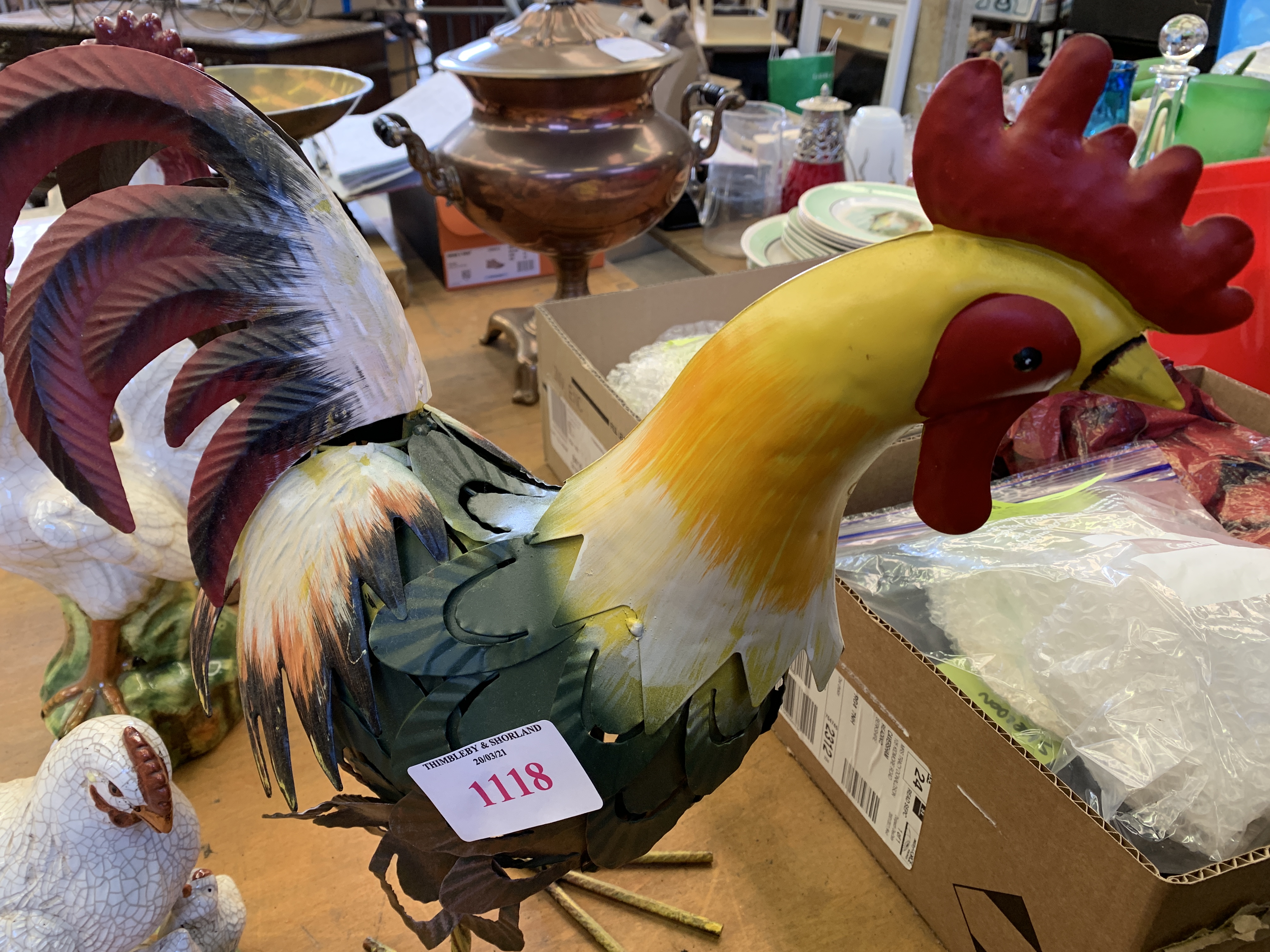 Three ceramic chicken figures and a metal cockerel - Image 5 of 5