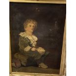Gilt frame oil on board of a boy blowing bubbles, signed monogram OLS 1917,