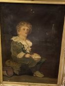 Gilt frame oil on board of a boy blowing bubbles, signed monogram OLS 1917,