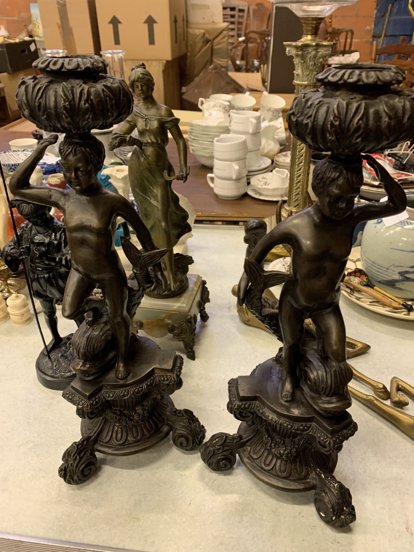 Pair of spelter candlesticks, figurine "La Maison" par Aug. Moreau, pair of brass stag centrepieces - Image 2 of 3