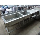 Stainless steel double sink, right hand drainer with taps, drawer and undershelf.