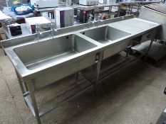 Stainless steel double sink, right hand drainer with taps, drawer and undershelf.