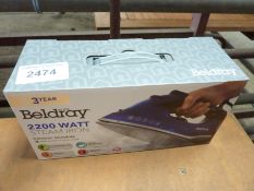 Beldray 2200 watt steam iron with ceramic soleplate.