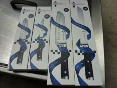 Four Le Cordon Bleu knives, small and large santoku, bread and utility.