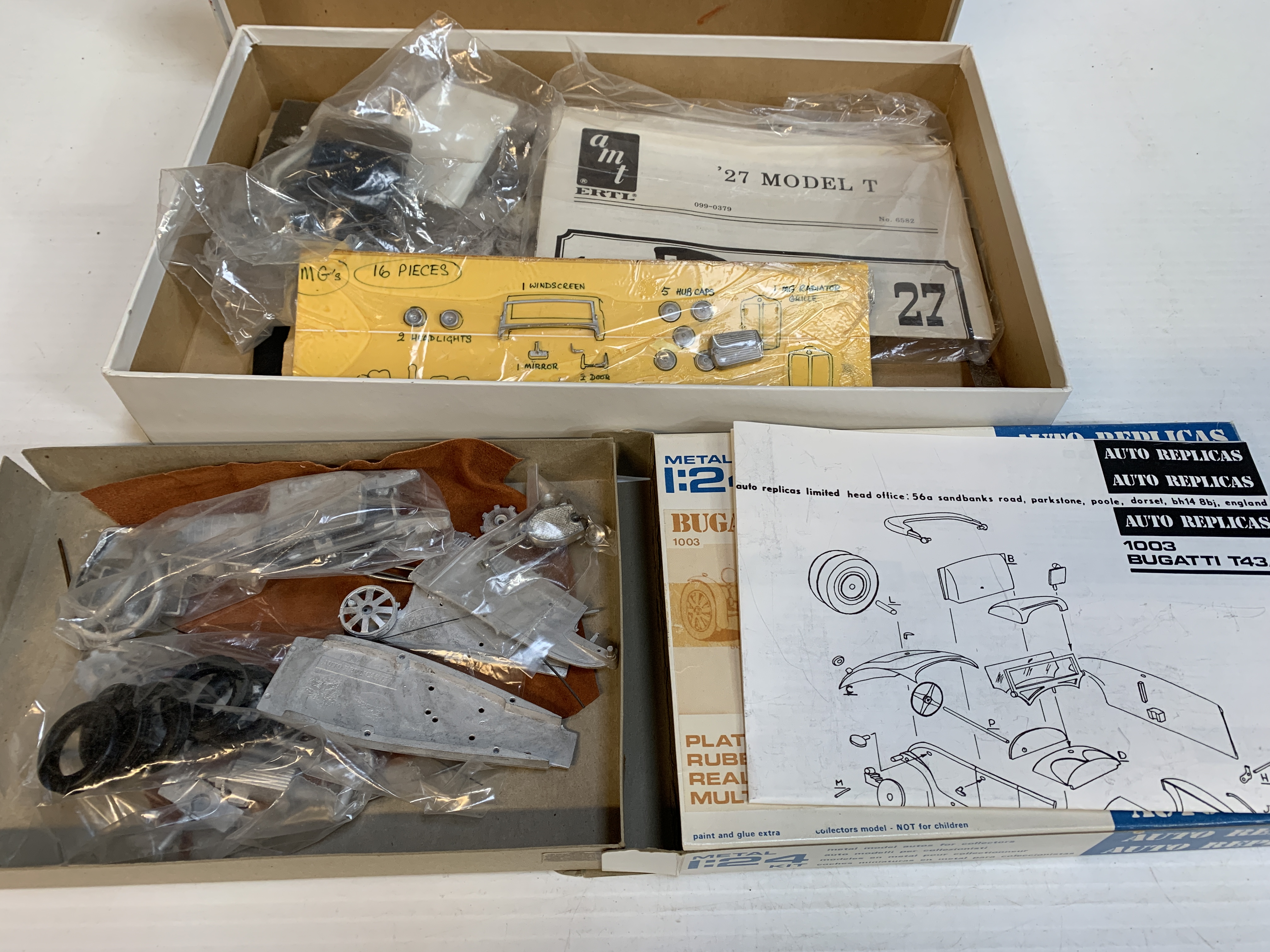 Bugatti T43A cast metal model kit together with assorted model car spares