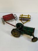 Tin Plate Tractor, with Harrows and Mower