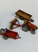 Dinky Toys Field Marshal Tractor; Disc Harrows; Manure Spreader; and Hales Owen Trailer