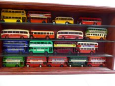 Wooden display case containing 17 assorted Buses