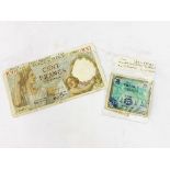 1944, French War time issue “100 Franc” banknote together with three other notes.