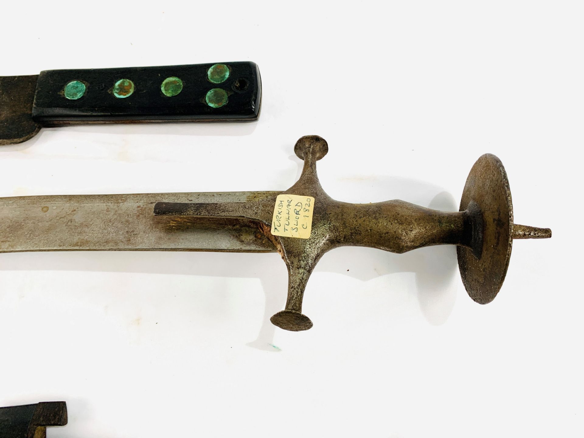 19th century Tulwar or Talwar, a Martindale WW2 machete, and a short sword - Image 6 of 6