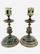 Pair of late 19th century Doulton, Lambeth brass and ceramic candlesticks