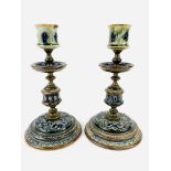 Pair of late 19th century Doulton, Lambeth brass and ceramic candlesticks