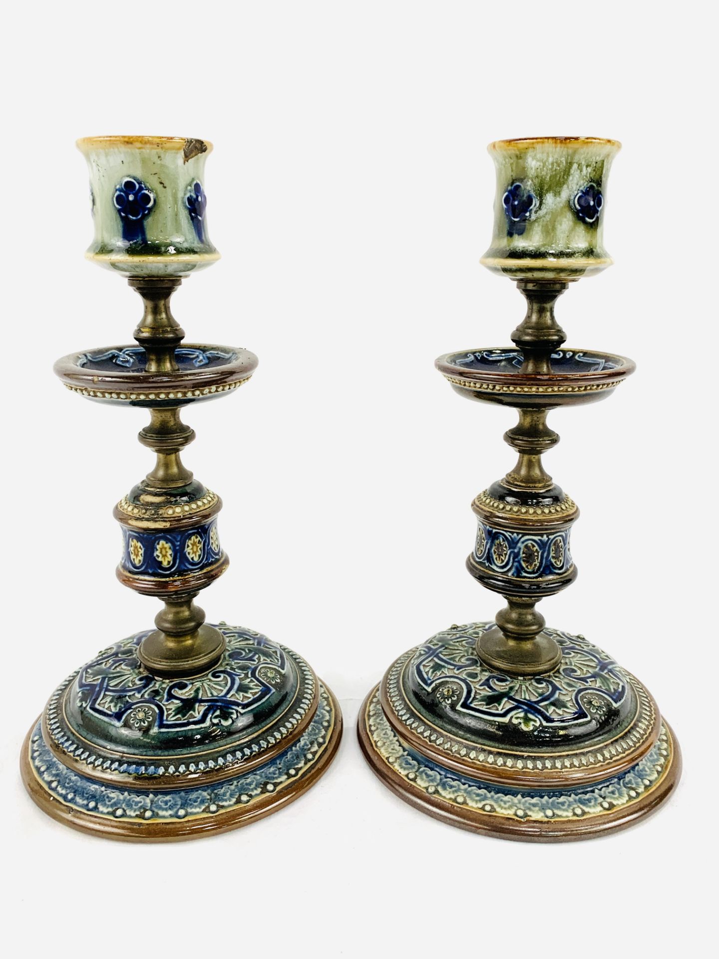 Pair of late 19th century Doulton, Lambeth brass and ceramic candlesticks