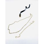 9ct gold flat chain necklace, 9ct gold very fine chain, a black fabric strap with 9ct gold clasp