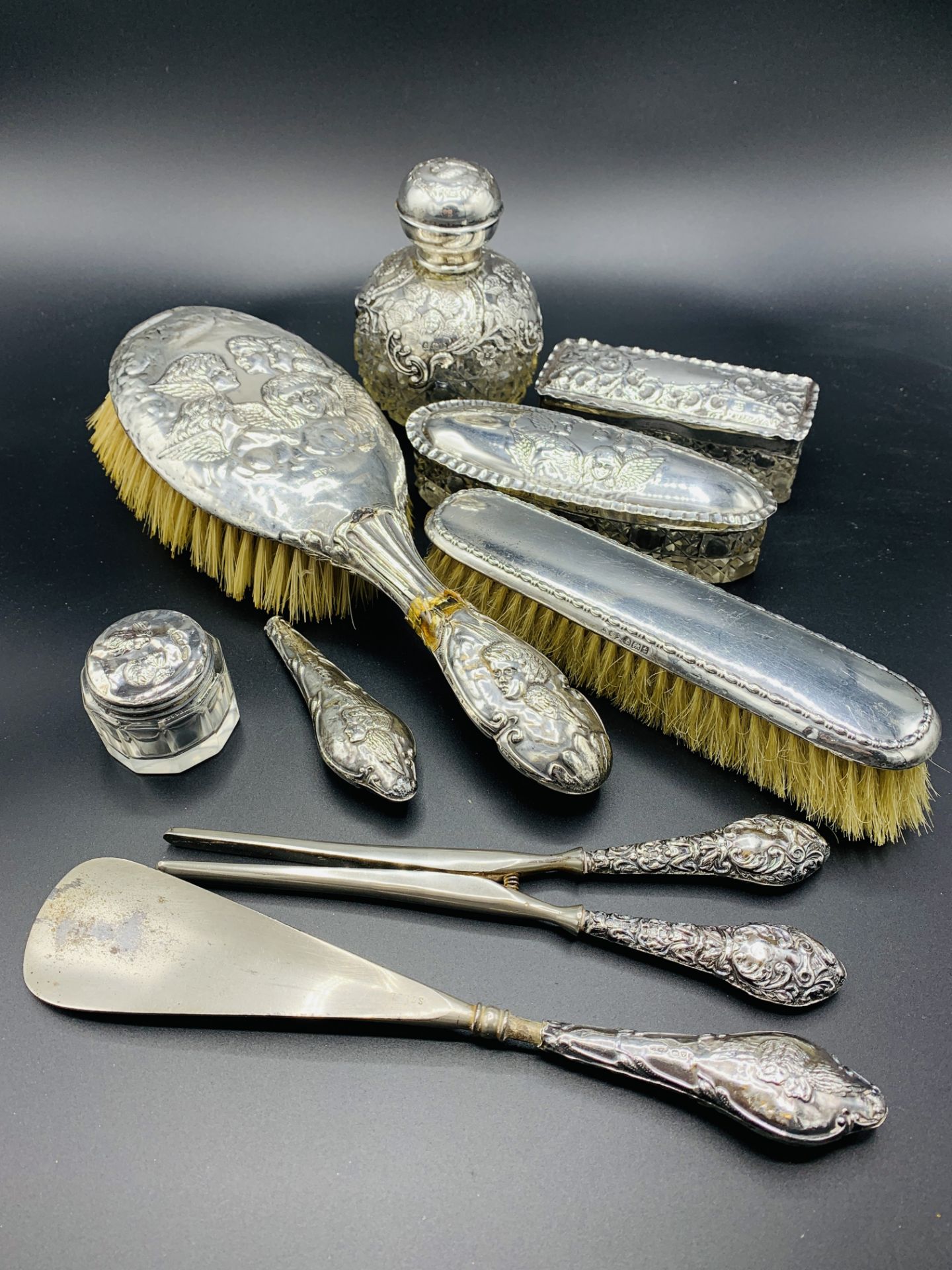 Silver mounted dressing table set and other silver mounted items