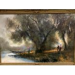 Gilt framed oil on canvas of people and trees by a river, signed O.Fontana