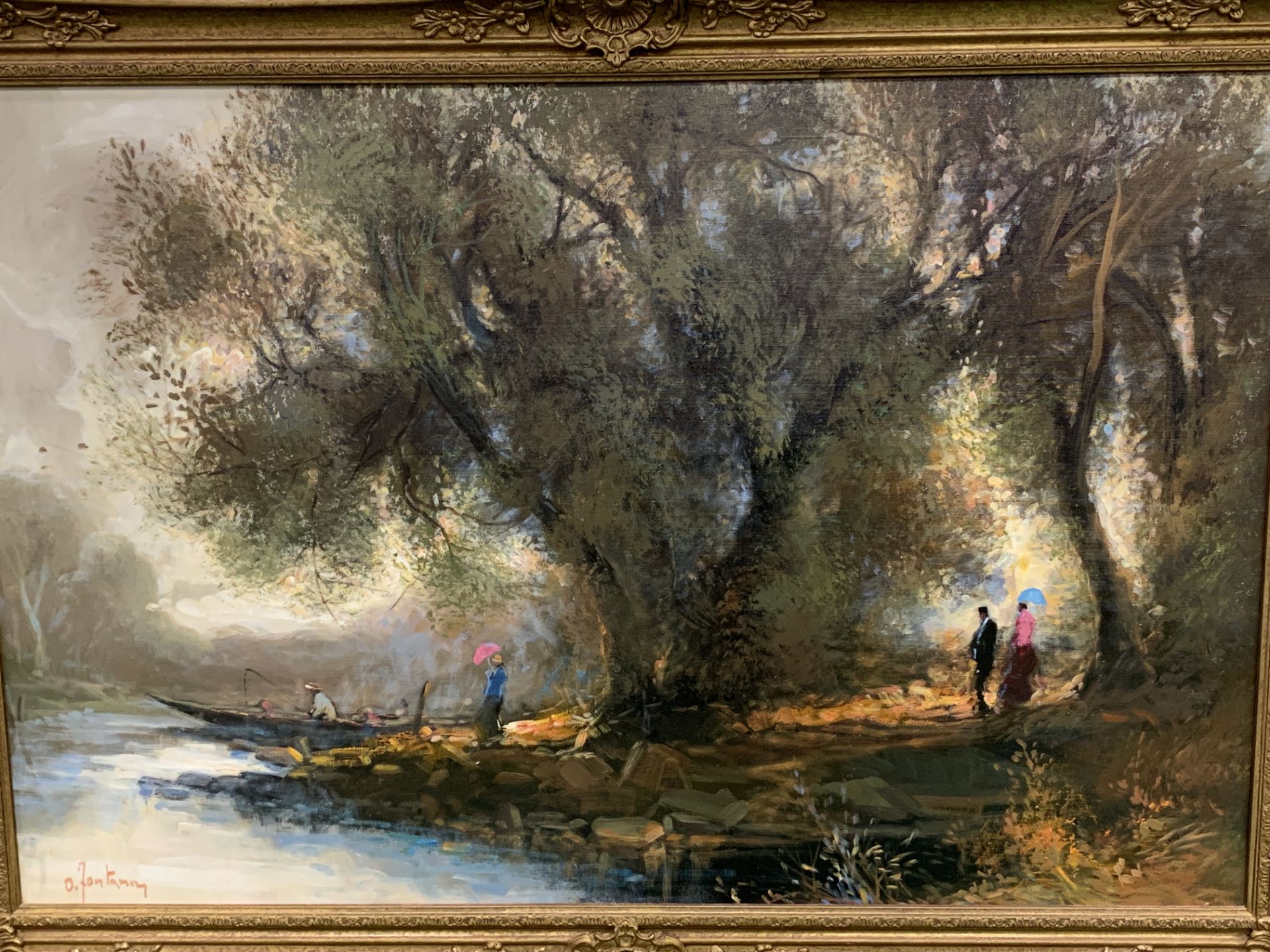 Gilt framed oil on canvas of people and trees by a river, signed O.Fontana