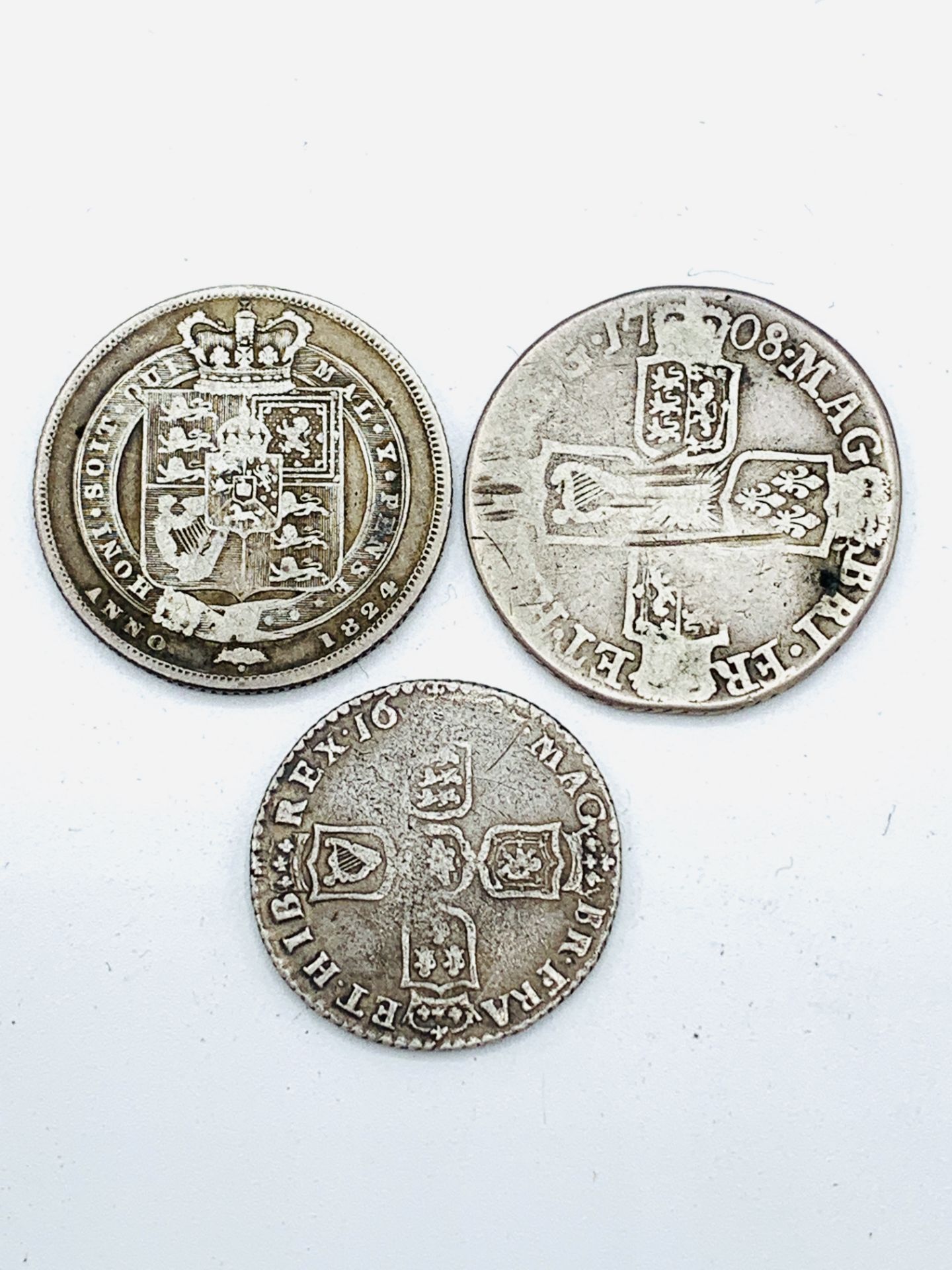 A Queen Anne sixpence 1708, a George IV shilling 1824 and a William III shilling - Image 2 of 2