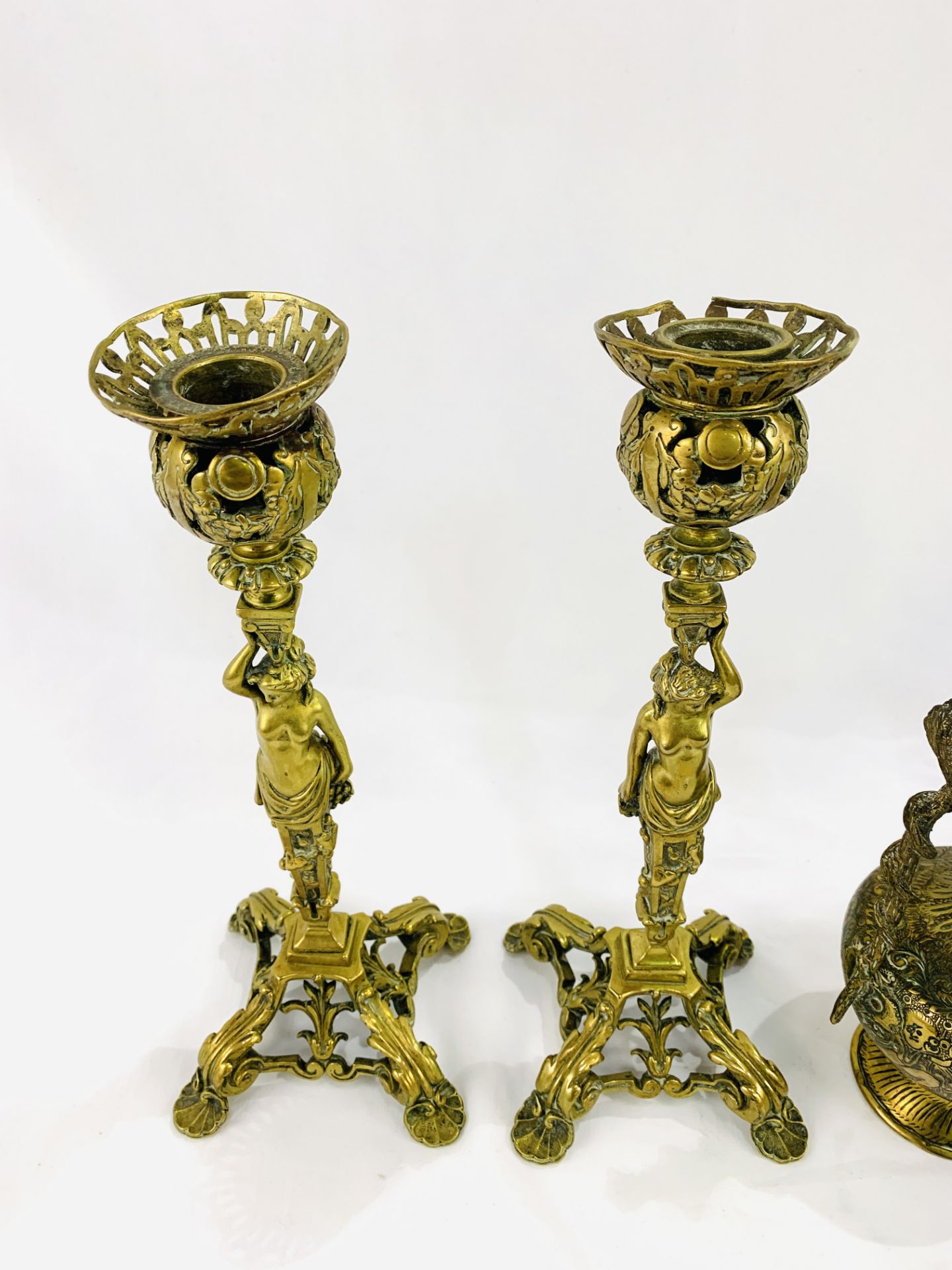 Pair of brass figural candlesticks with two Indian brass ewers - Image 3 of 4