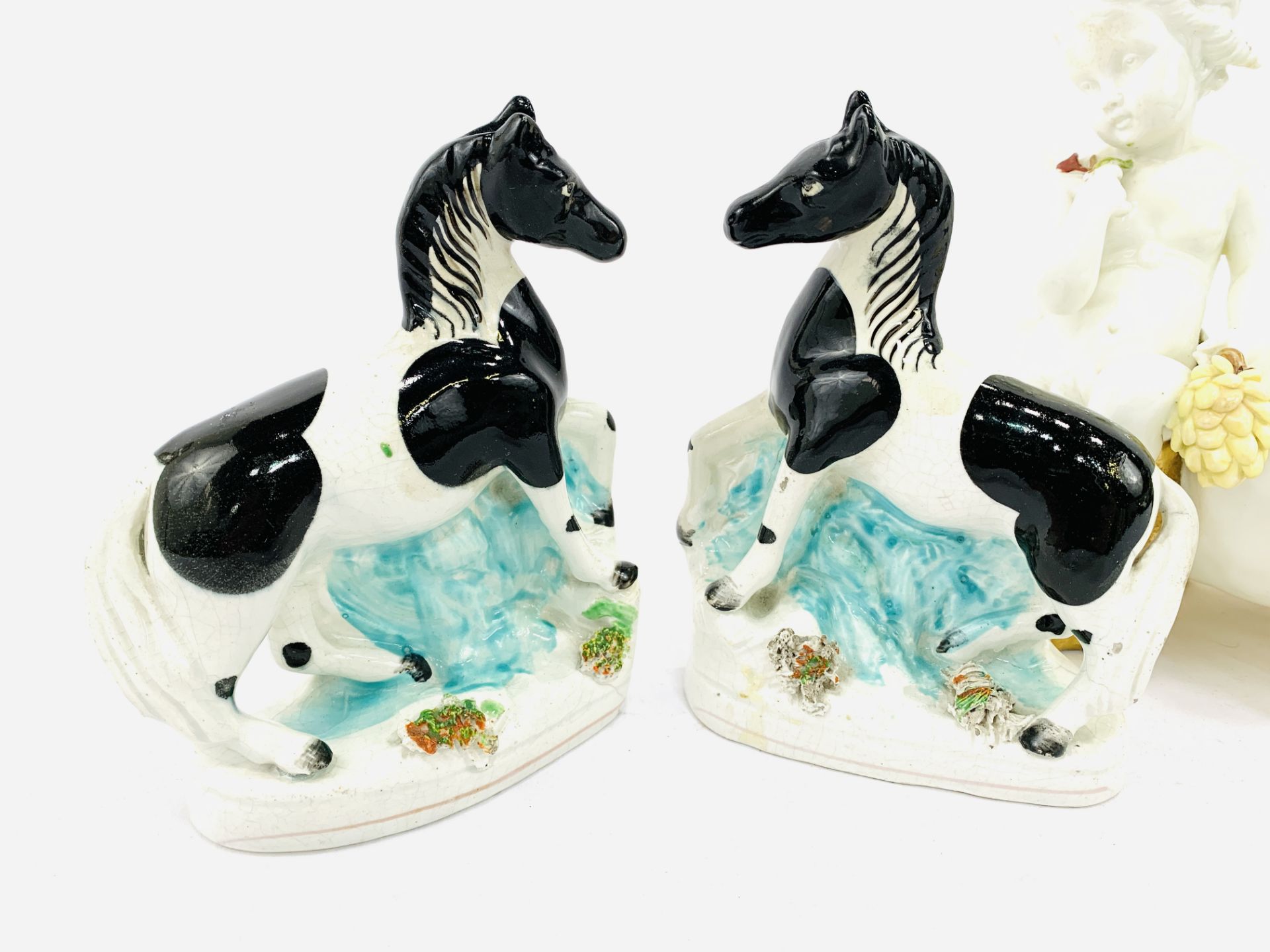 Moore porcelain dish, Copeland & Garrett porcelain figurine, pair of Staffordshire piebald horses - Image 2 of 4