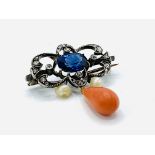 Victorian blue stone, coral drop, old cut diamond and pearl brooch/pendant