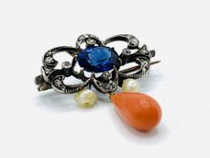 Victorian blue stone, coral drop, old cut diamond and pearl brooch/pendant