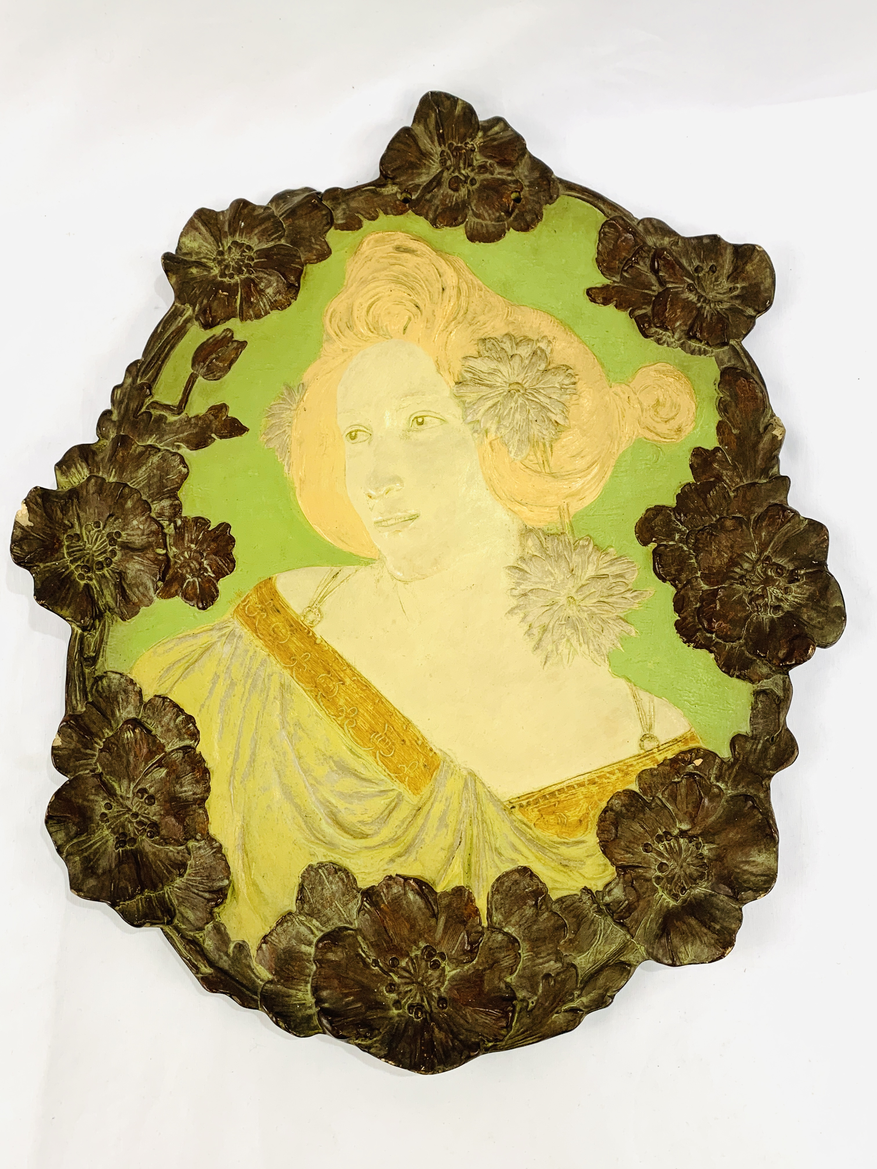 Art Nouveau terracotta wall plaque of a lady's head and shoulders by Ernst Wahliss