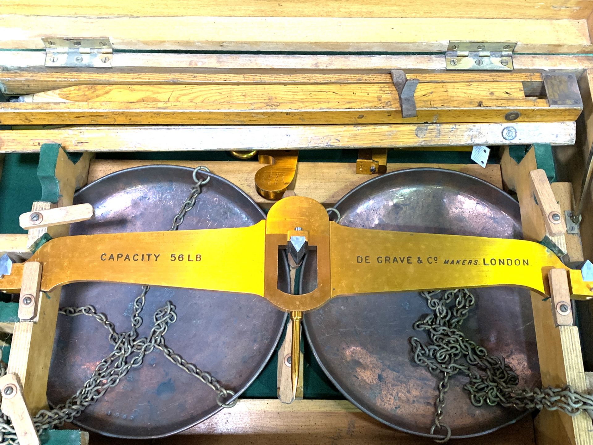 Original pine box containing balance scales to weigh to 56lbs by De Grave, London - Image 9 of 9