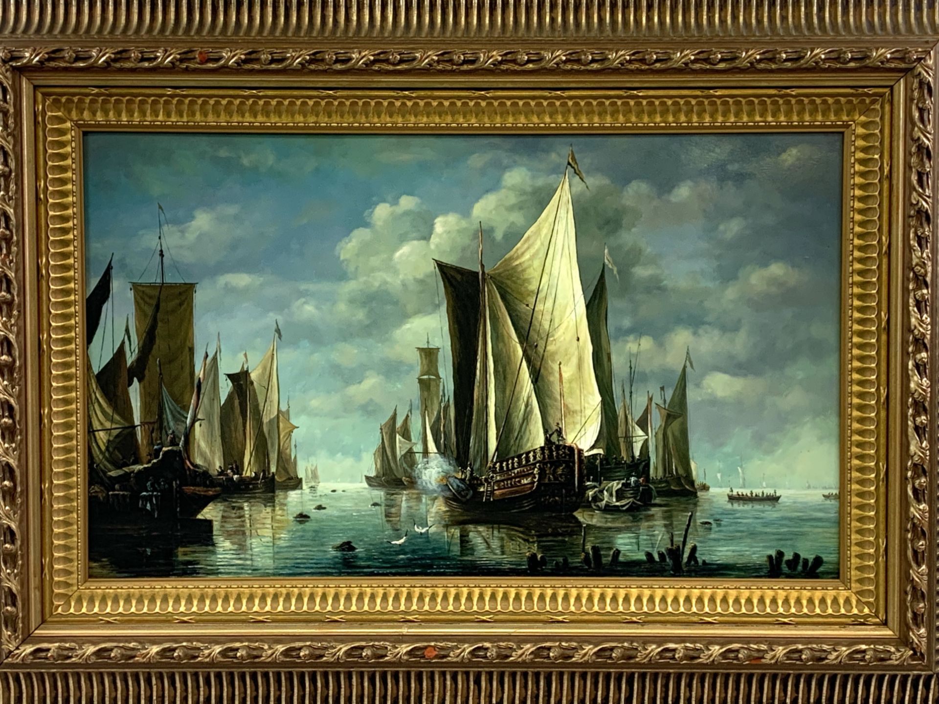 Ornate gilt framed oil on metal of sailing ships - Image 2 of 5