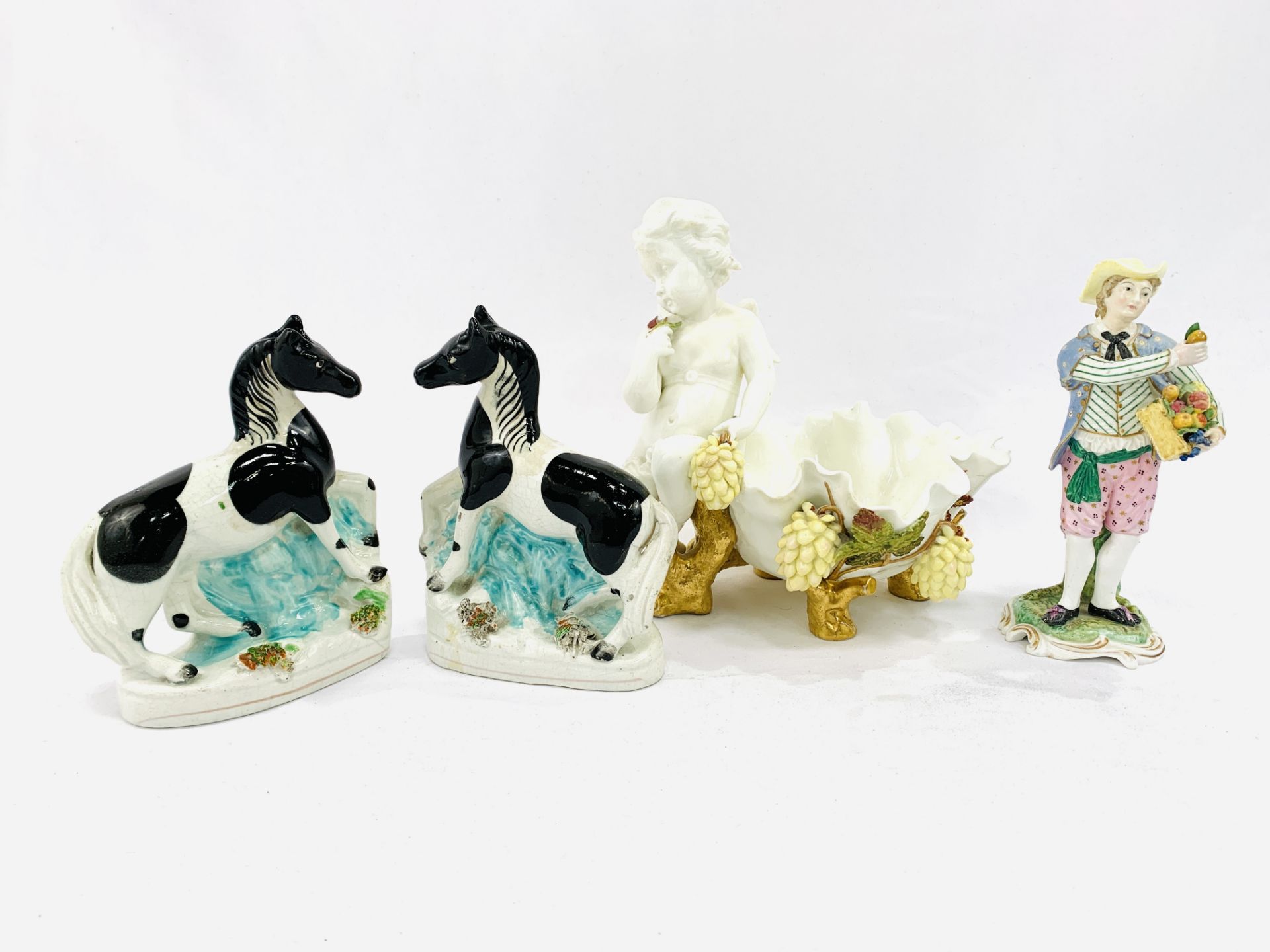 Moore porcelain dish, Copeland & Garrett porcelain figurine, pair of Staffordshire piebald horses