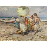 Framed oil on canvas of a family on a beach