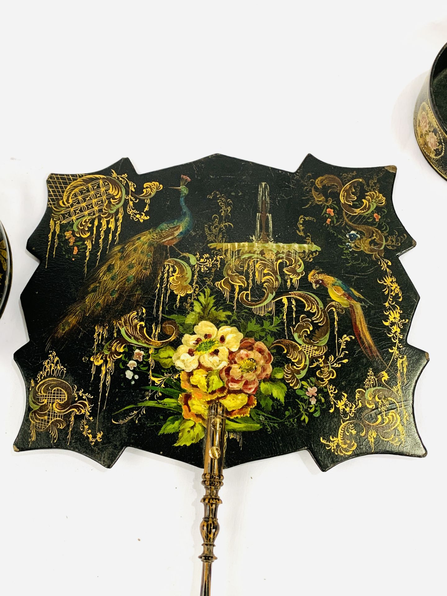 Black shaped wooden fan together with two papier mache bowls - Image 6 of 7