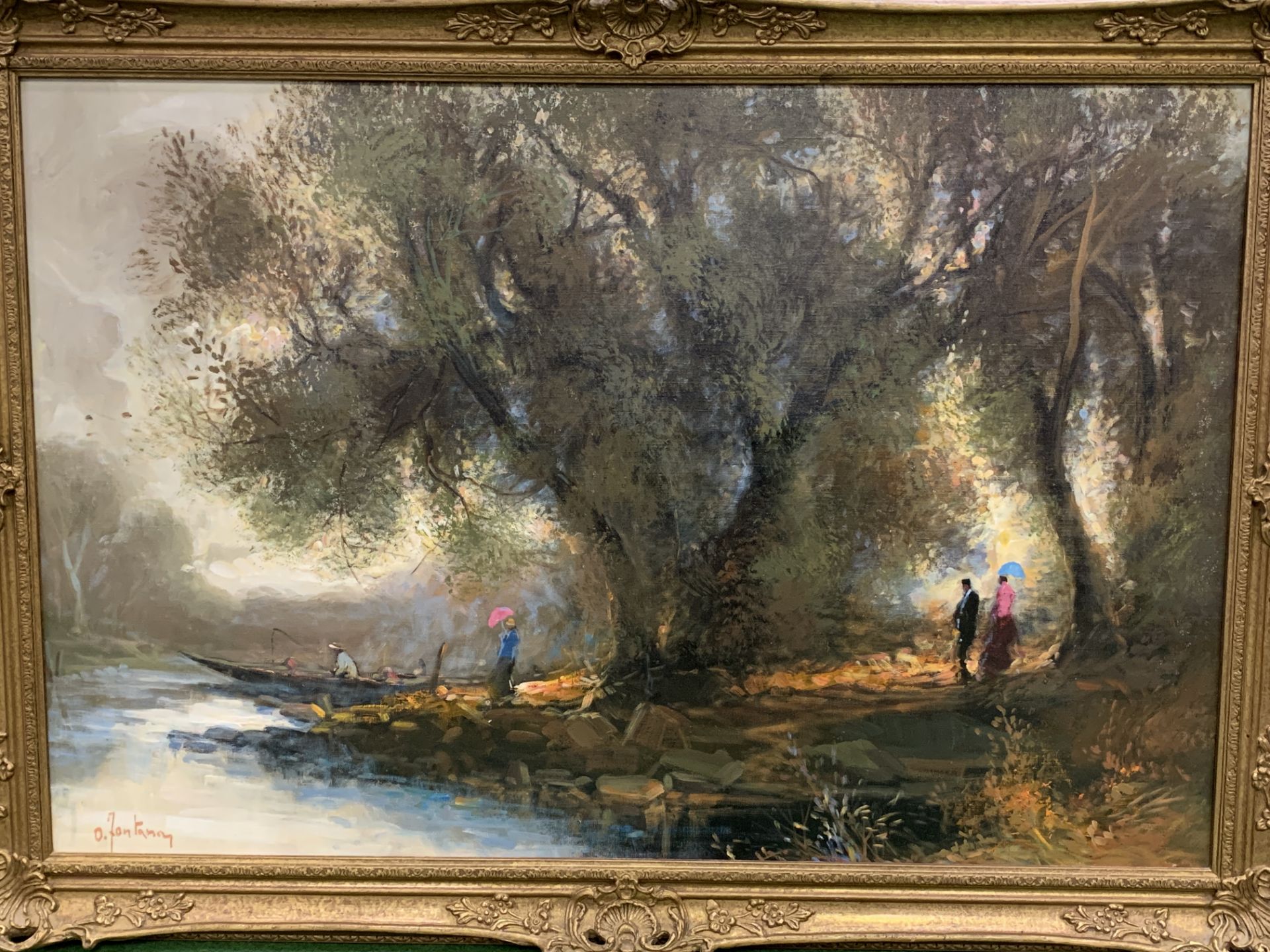 Gilt framed oil on canvas of people and trees by a river, signed O.Fontana - Image 2 of 3