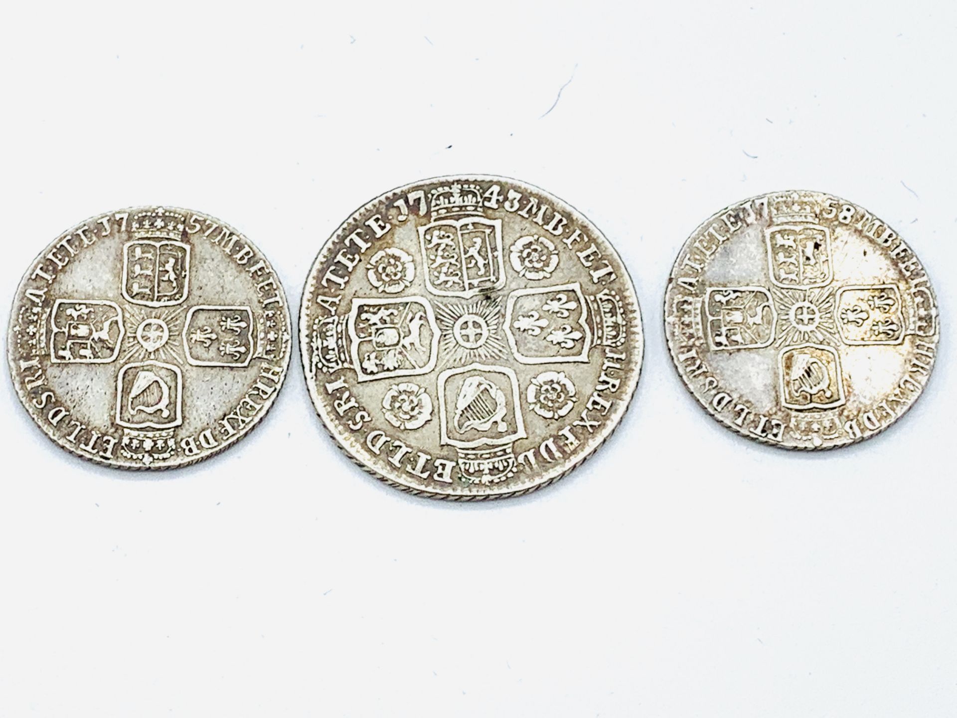 George II Silver Shilling 1743; George II SIlver Shilling 1758 and a George II Sixpence 1757 - Image 2 of 2