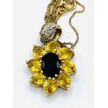 Yellow and blue sapphire and diamond pendant on 9ct fine gold chain