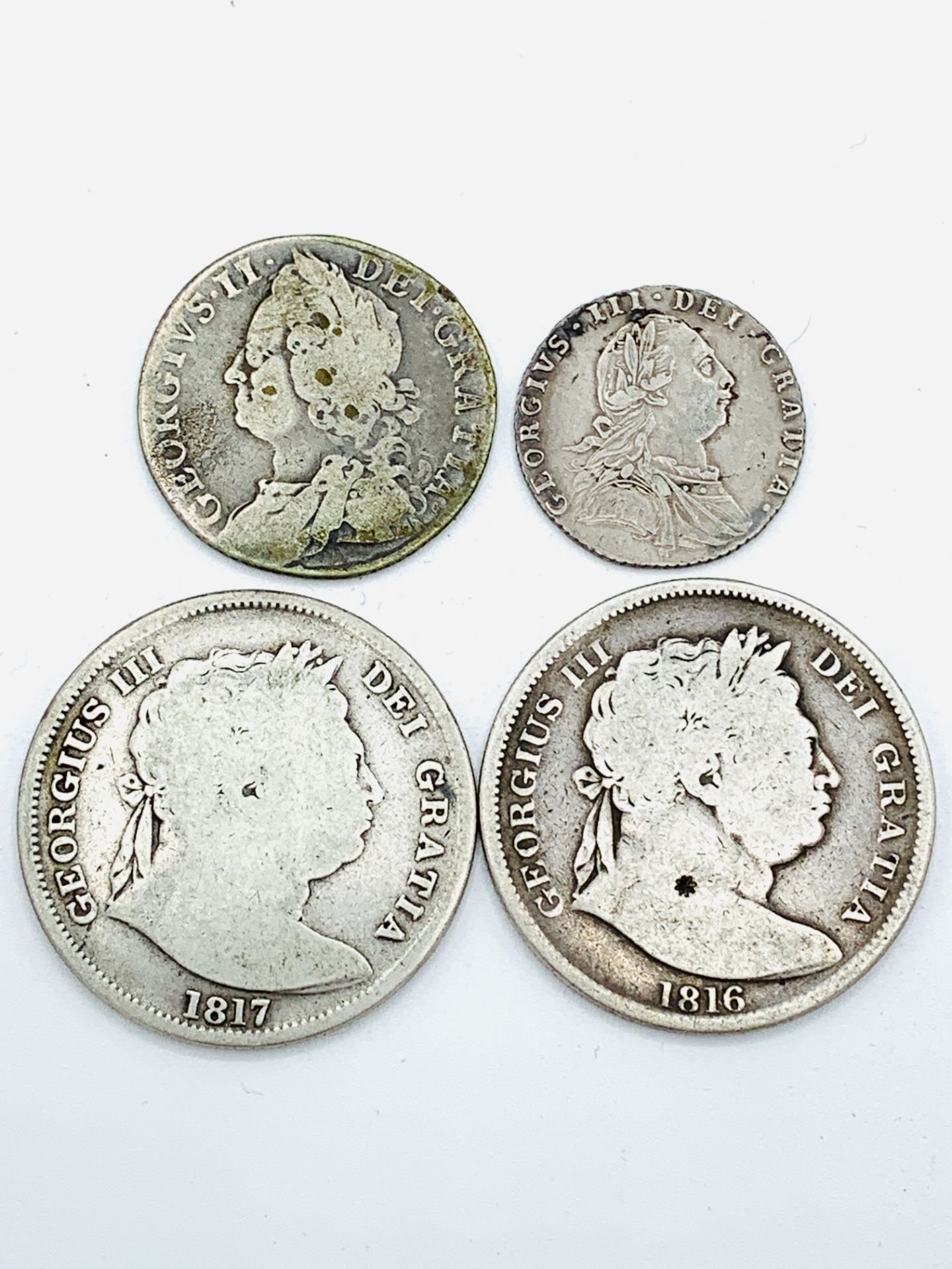 A George II shilling 1758, two George III half crowns 1816 & 1817, George III shilling 1787 - Image 2 of 2