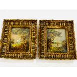 Two framed and glazed gilt oil on copper miniatures of figures in a woodland scene