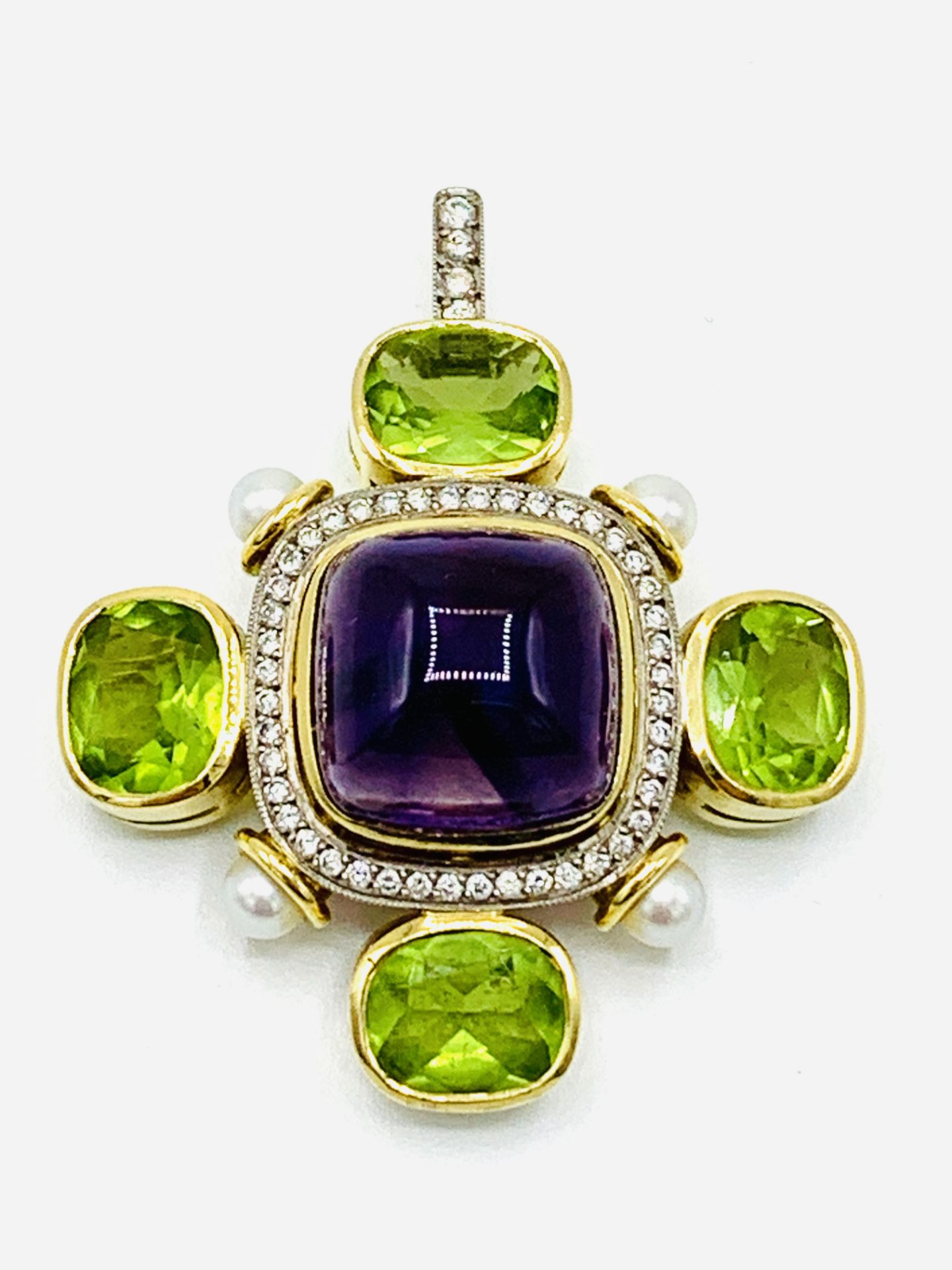 Yellow gold amethyst, diamond, pearl and peridot pendant/brooch - Image 5 of 5