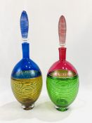 Two modern decorative coloured glass decanters